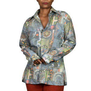 Vintage Trafalgar 70s Shirt Blue Patchwork Faded Trompe Loeil Point Collar Large